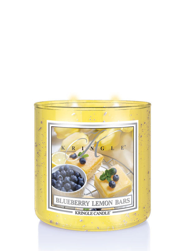 Kringle Candle with blueberry lemon bars design on a white background