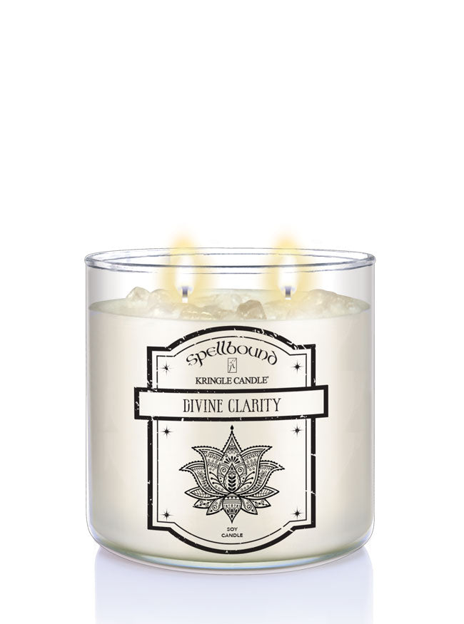 Lit Candle with 'Divine Clarity' label on a white background