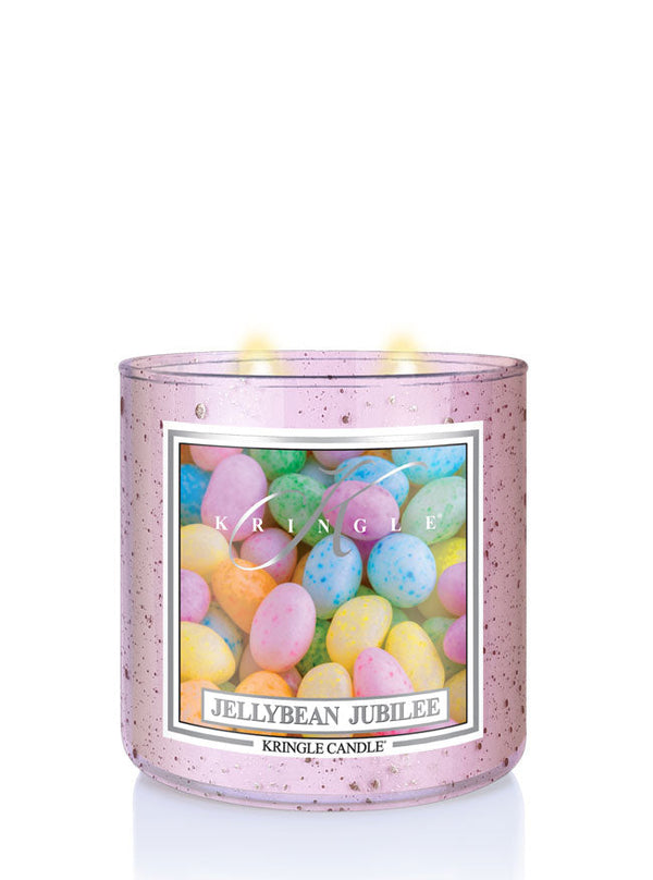 Kringle Candle Jellybean Jubilee candle with colorful jellybeans on a white background