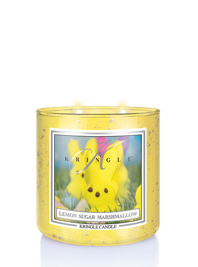 Kringle Candle Lemon Sugar Marshmallow candle with a yellow container on a white background
