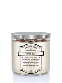 Spellbound Inner Fire candle with silver lid on a white background showing back of candle