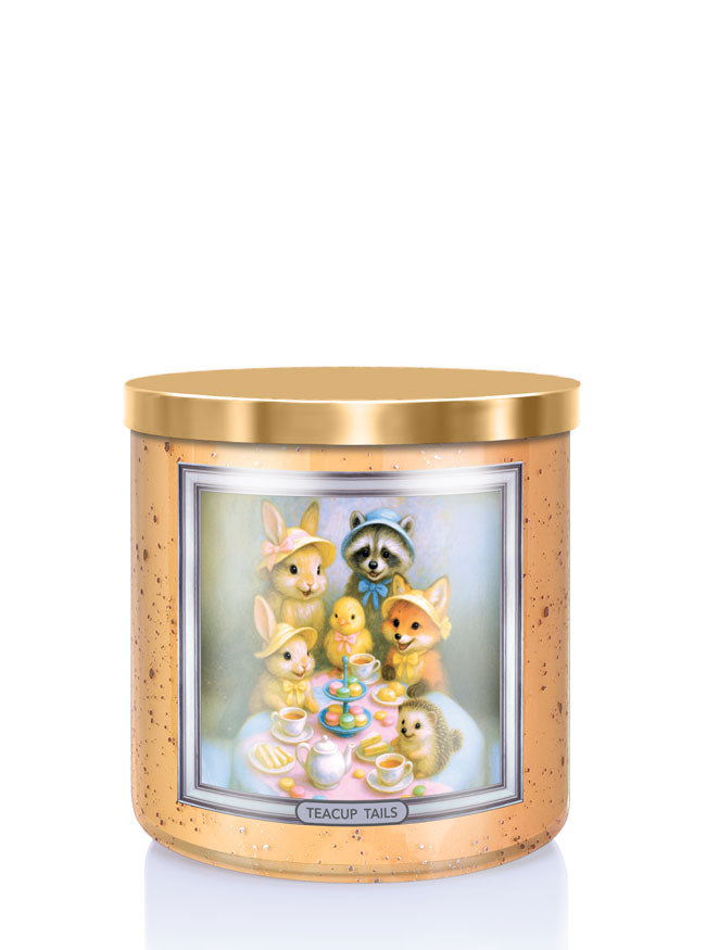 Candle with a decorative cover featuring illustrations of animals at a tea party.