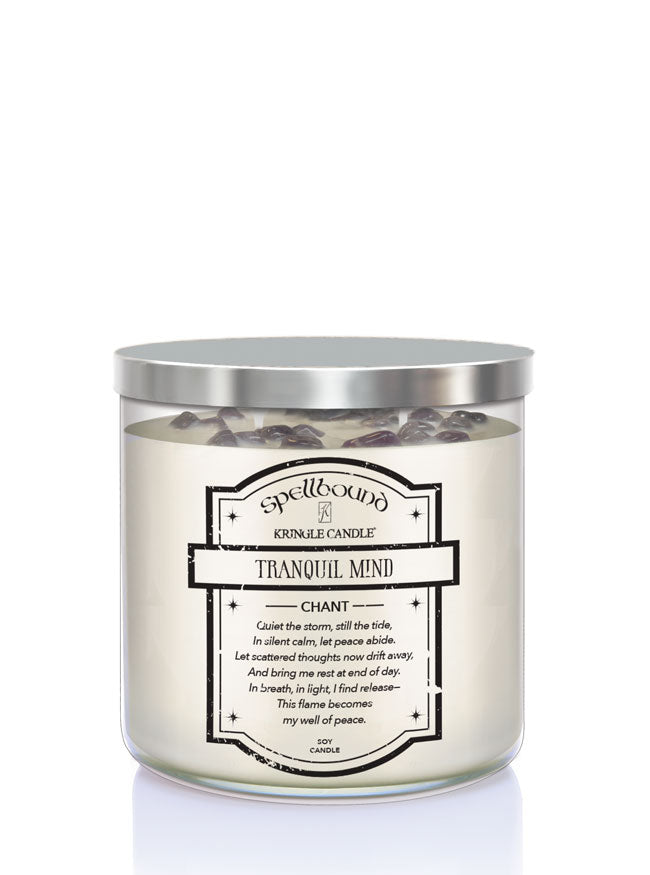 Tranquil Mind Scented 2-wick Candle with a white background and silver lid showing back of candle.