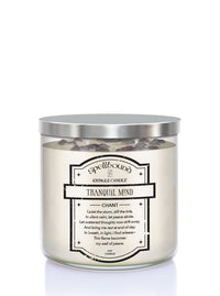Tranquil Mind Scented 2-wick Candle with a white background and silver lid showing back of candle.