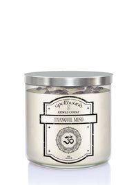 Tranquil Mind Scented 2-wick Candle with a white background and silver lid, shows front of candle.
