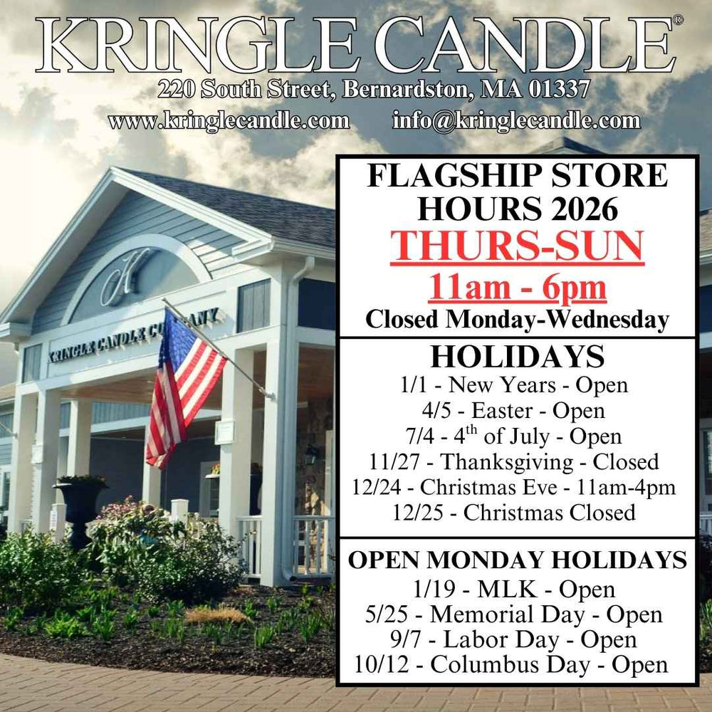 Graphic announcing Kringle Candle Flagship Store Hours for 2026, featuring the Bernardston, Massachusetts storefront with an American flag. Text lists regular hours Thursday–Sunday 11am–6pm, closed Monday–Wednesday, along with holiday openings and closures, including New Year’s Day open, Thanksgiving closed, and Christmas Eve reduced hours.