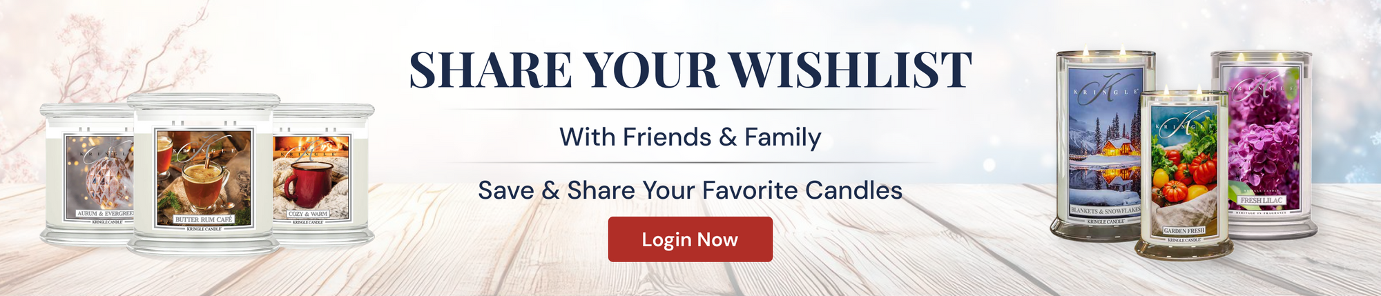 Promotional banner for a candle company with candles displayed on a wooden surface.