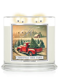 Kringle 4-Wick Candle with Christmas tree farm scene, featuring a vintage red truck and snowy landscape.