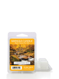 Amberwood Moss wax melts, featuring a label with an autumn forest and a stream.
