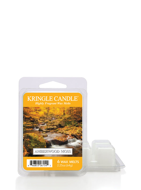 Amberwood Moss wax melts, featuring a label with an autumn forest and a stream.