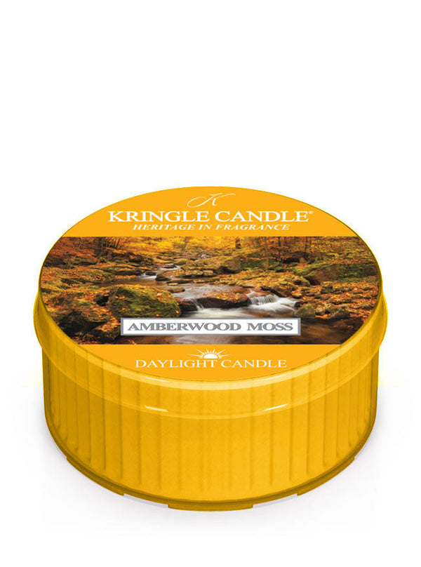 Unlit Amberwood Moss DayLight candle with label showing a serene forest stream and autumn foliage.