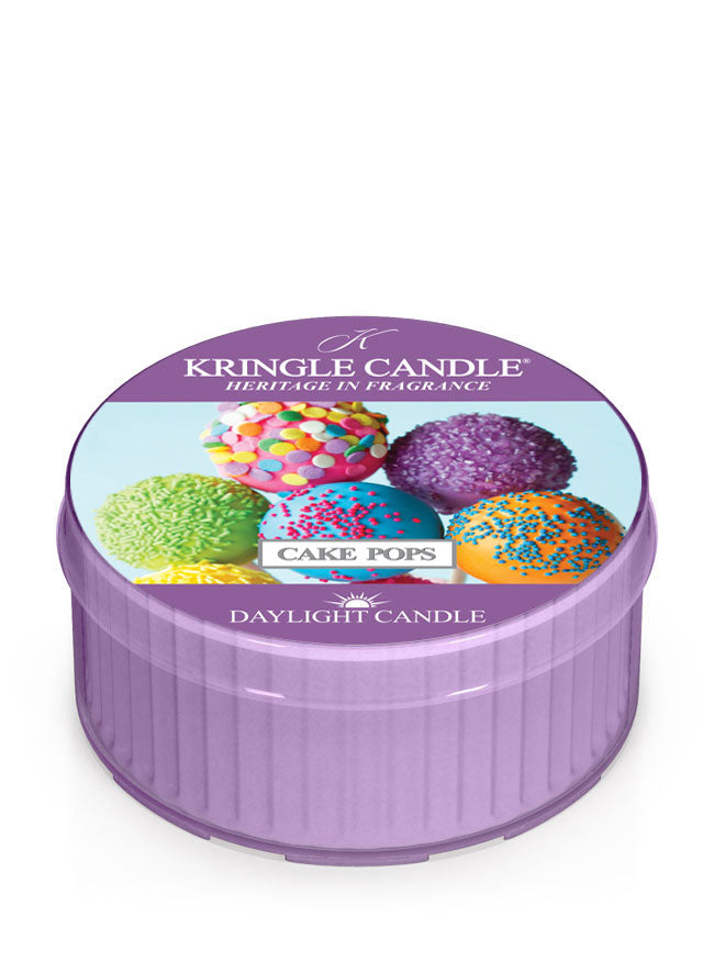 Kringle Candle Daylight Candle tin with colorful cake pop design on a white background