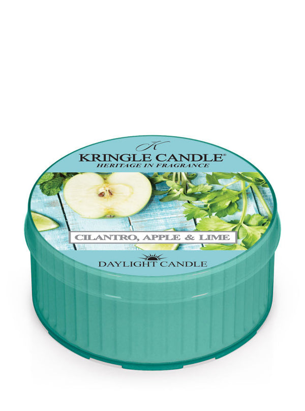 Kringle Candle daylight candle with cilantro, apple, and lime design on a white background