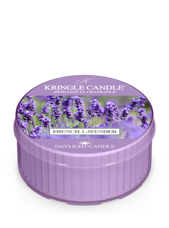 French Lavender  daylight candle with fields of lavender on label Kringle Candle Store