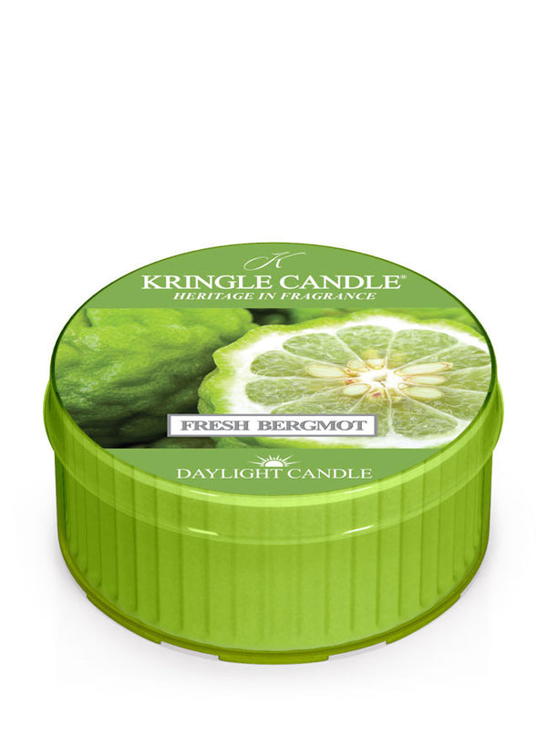 Green Kringle Candle Fresh Bergamot daylight candle on a white background