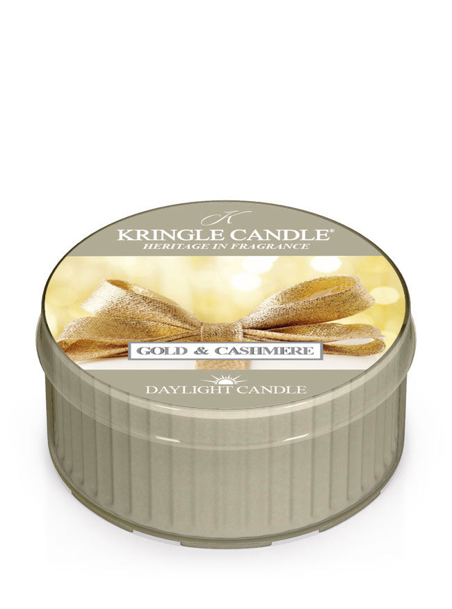 Kringle Candle Gold & Cashmere daylight candle on a white background