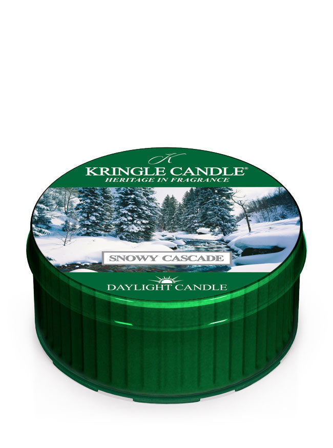 Snowy Cascade DayLight Kringle Candle container with snowy landscape design on a white background