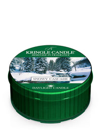 Snowy Cascade DayLight Kringle Candle container with snowy landscape design on a white background