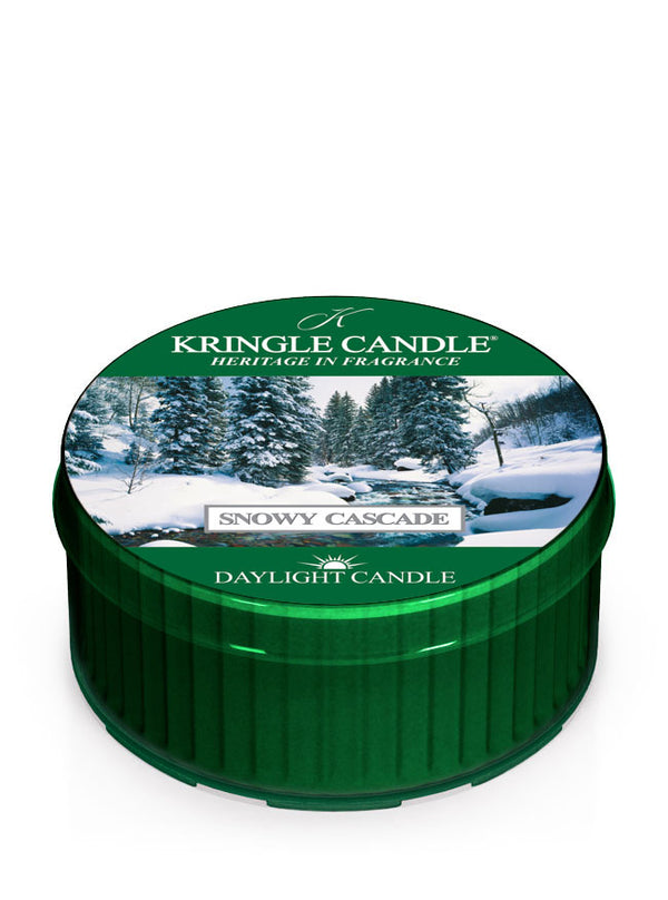 Snowy Cascade DayLight Kringle Candle container with snowy landscape design on a white background