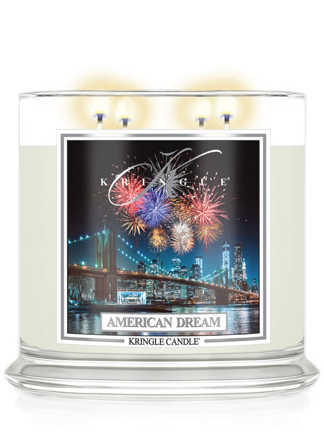 Kringle Candle American Dream candle with fireworks and cityscape design on a white background