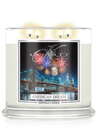 Kringle Candle American Dream candle with fireworks and cityscape design on a white background
