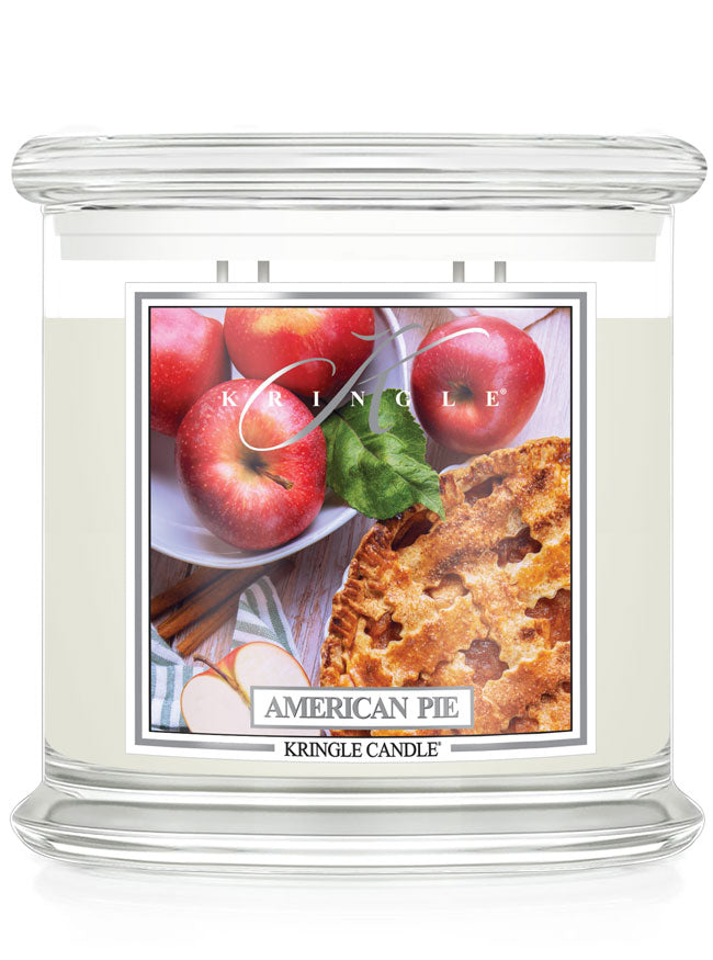 Kringle Candle American Pie scented candle with apple pie and apple graphics on the label.