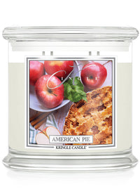 Kringle Candle American Pie scented candle with apple pie and apple graphics on the label.