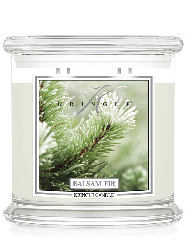 Kringle Candle Balsam Fir 4-wick candle with a green evergreen needle design on the label.