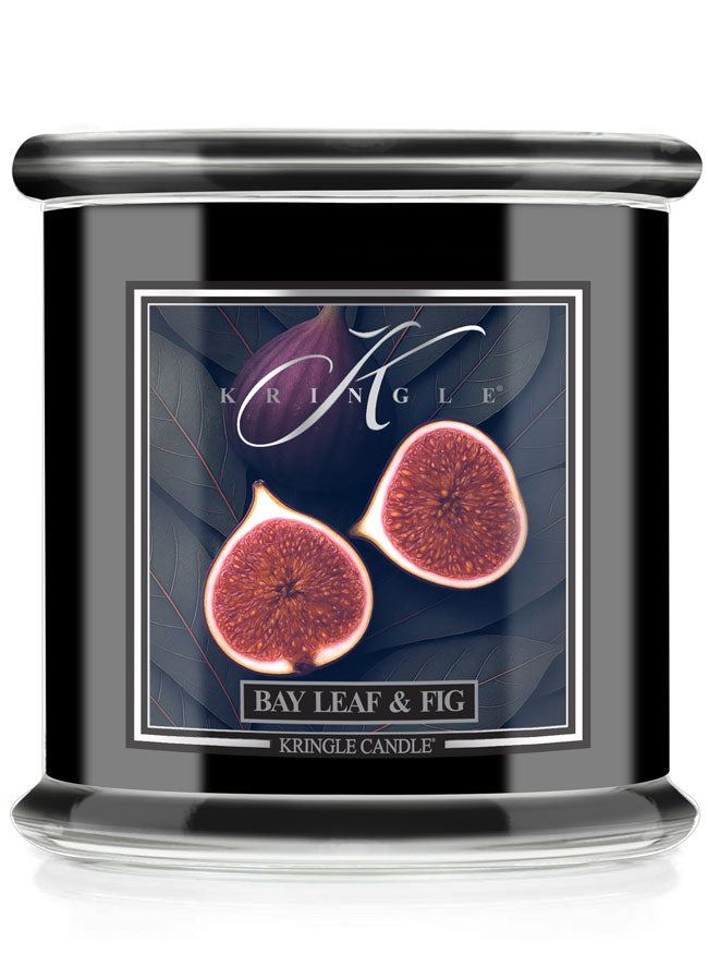 Kringle Candle black candle jar with Bay Leaf & Fig label on a white background