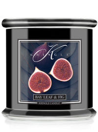 Kringle Candle black candle jar with Bay Leaf & Fig label on a white background