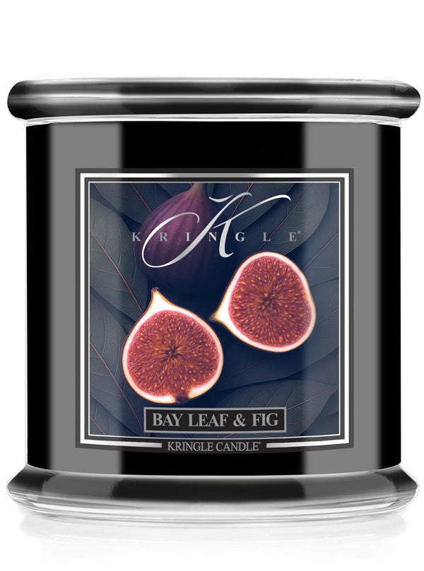 Kringle Candle black candle jar with Bay Leaf & Fig label on a white background