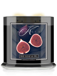 Kringle Candle with 'Bay Leaf & Fig' label on a black reserve jar with white background