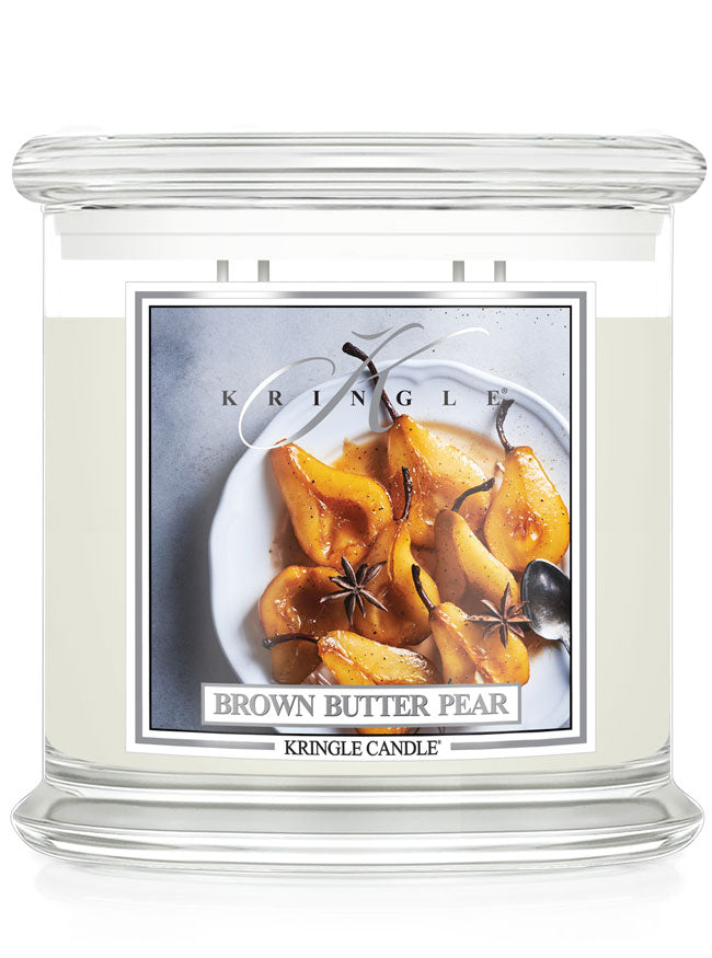 Kringle Candle with 'Brown Butter Pear' flavor on a white background