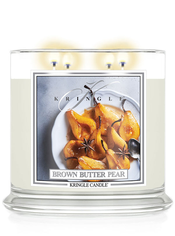 Kringle Candle with 'Brown Butter Pear' label on a white background