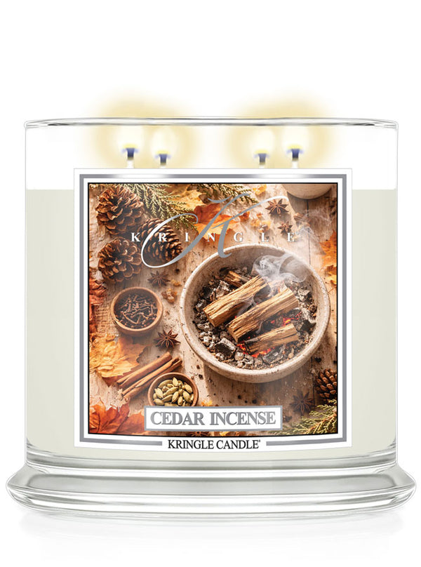 Kringle Candle Cedar Incense candle with decorative label on a white background