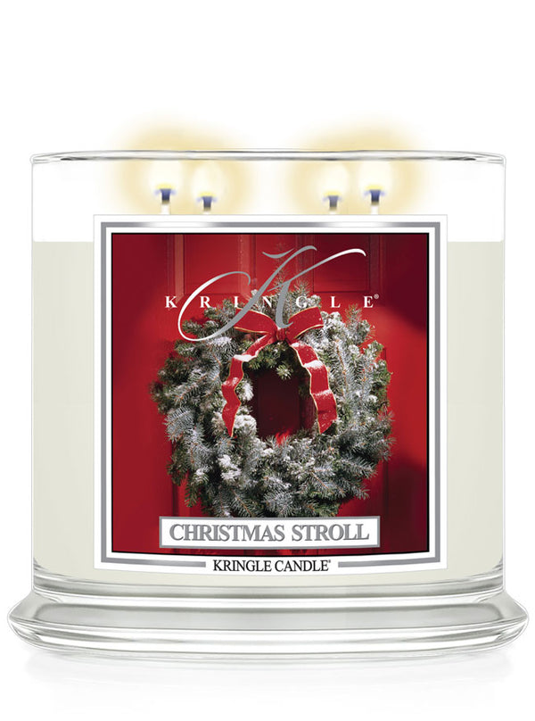 Kringle Candle with Christmas Stroll label featuring a wreath design on a white background