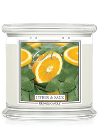 Kringle Candle 4-wick jar that has orange slices and sage leaves and says Citrus & Sage