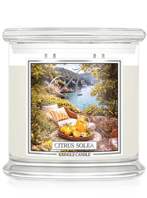 Kringle Candle Citrus Solea 4-wick candle with scenic label on a white background