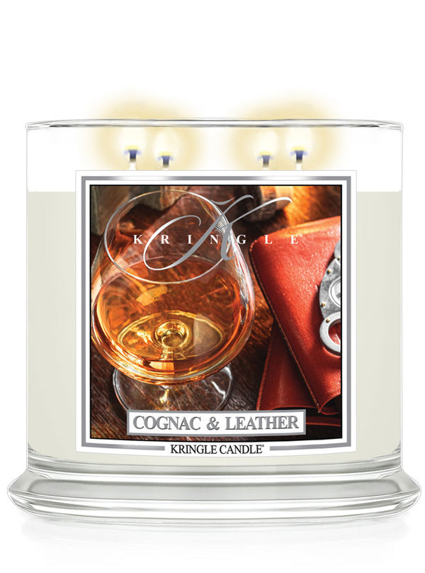 Cognac and leather scented 4-wick lit candle by Kringle Candle