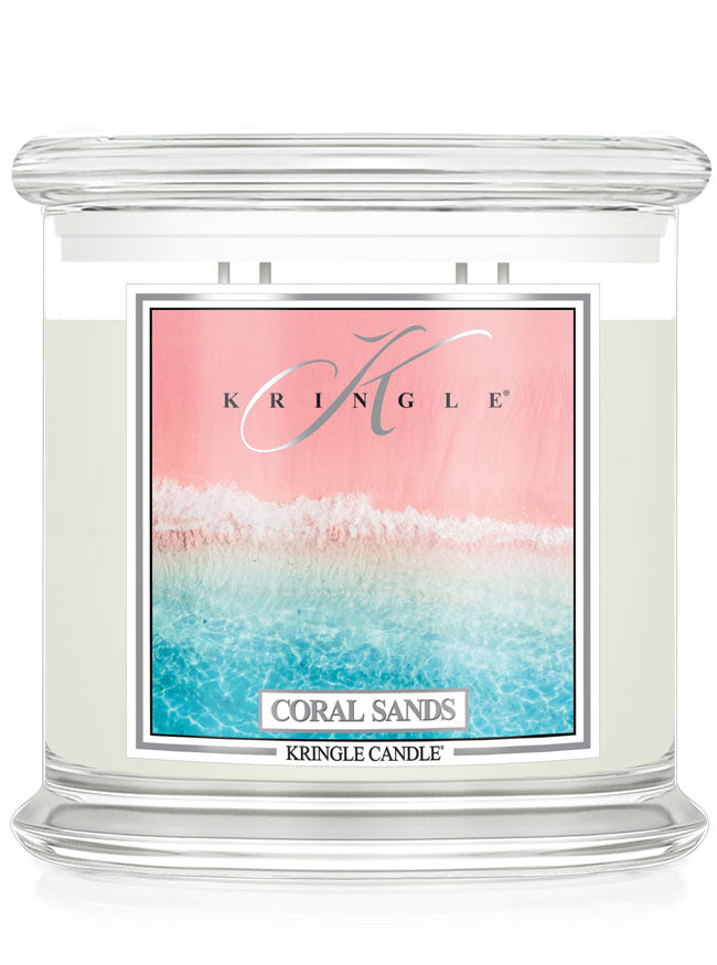Kringle Candle with 4-wick 'Coral Sands' label on a white background.