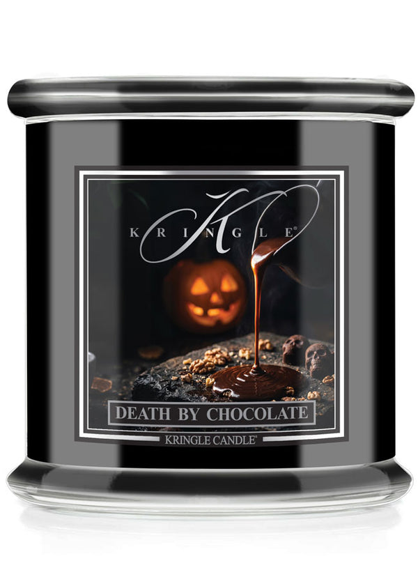 A black glass jar candle featuring a Halloween-themed label that reads 'Death by Chocolate' and shows a jack-o'-lantern and dripping chocolate. The brand 'Kringle Candle' is visible on the label.