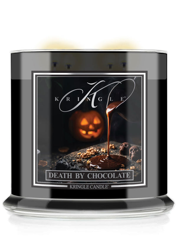 A Kringle Candle jar labeled 'Death by Chocolate' with a black container, a front label showing a jack-o'-lantern and dripping chocolate, and visible wax at the top on a white background.