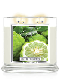 Kringle Candle Fresh Bergamot candle with green label on a white background