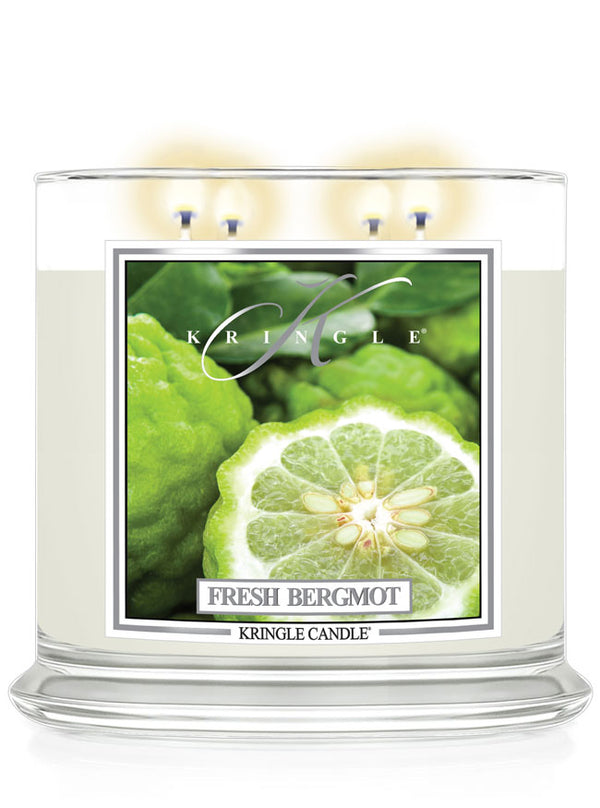 Kringle Candle Fresh Bergamot candle with green label on a white background