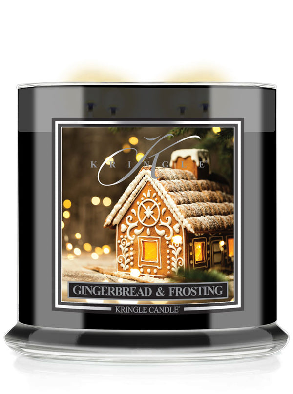 Kringle Candle gingerbread and frosting candle with a gingerbread house label on a white background