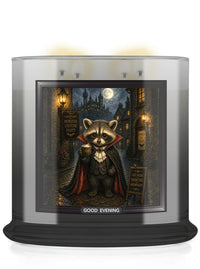 A large glass jar candle with a black base and a printed front label showing a vampire raccoon in a cape on a moonlit street. The candle is lit, with warm yellow wax glowing at the top, and the label reads 'GOOD EVENING'.