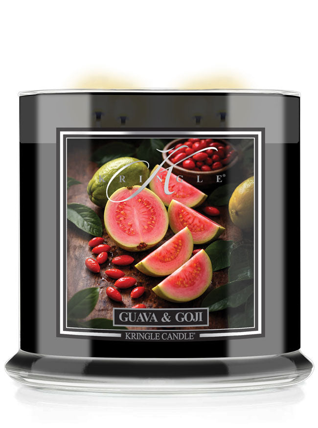 Kringle Candle Guava & Goji candle with fruit illustration on a white background