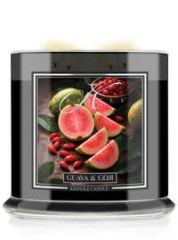 Kringle Candle Guava & Goji candle with fruit illustration on a white background