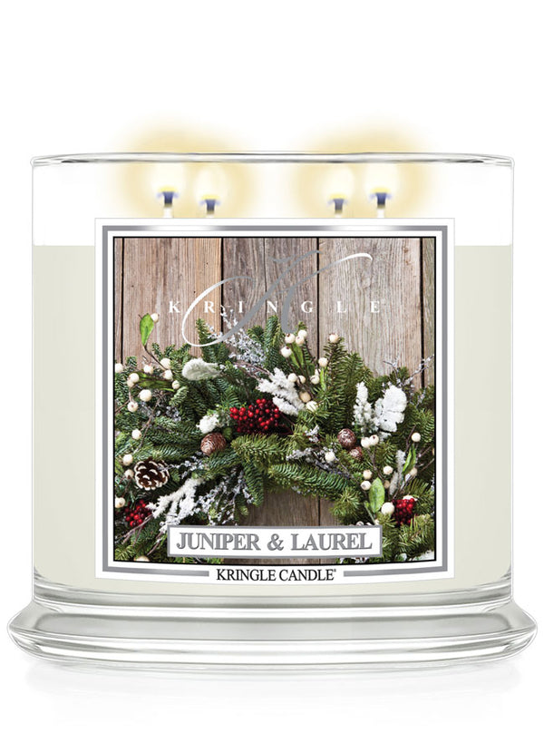 Kringle Candle with 'Juniper & Laurel' design on a white background