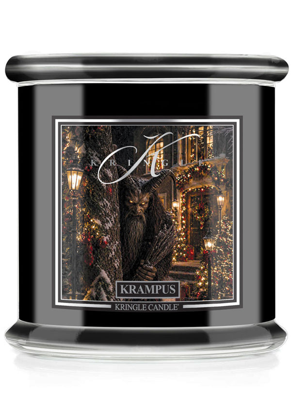 A Krampus Kringle Candle and a detailed holiday illustration label featuring a Krampus figure for Halloween and the text 'KRAMPUS' and 'KRINGLE CANDLE'.